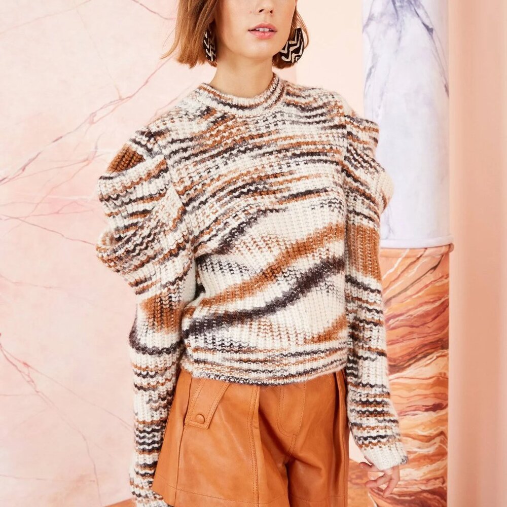 ULLA JOHNSON Daphne Sweater Marled Stripe Alpaca Knit Pullover Puff Sleeve $525